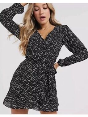Abercrombie & Fitch Black Polka Dot Long Sleeve Wrap Dress